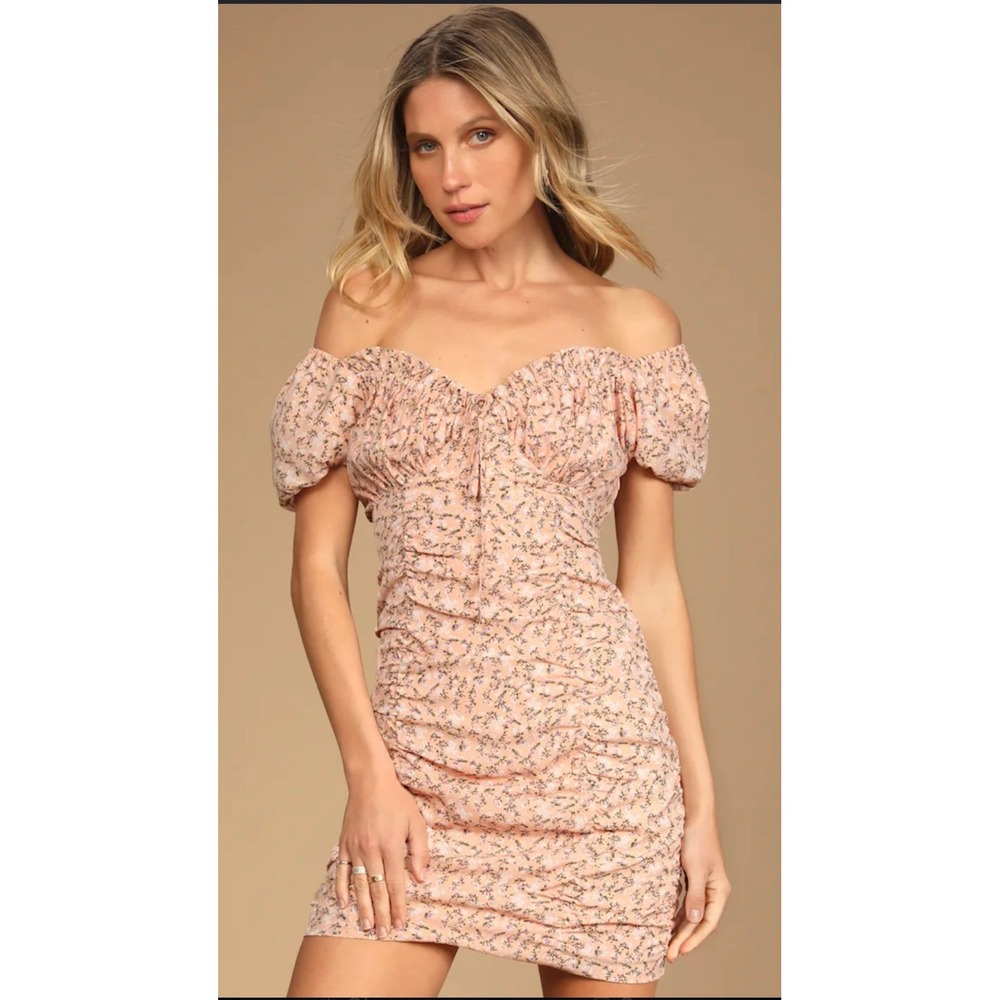 Lulus Reason to be Peach Floral Print Off-The-Shoulder Mini Dress